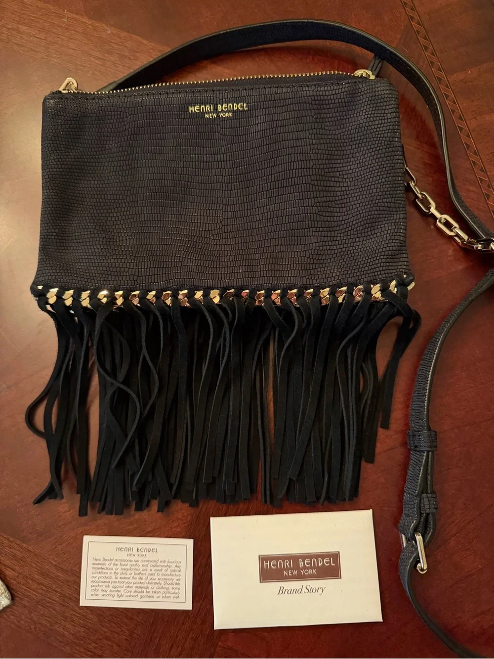 Henri Bendel Black Leather Lizard Embossed Black Fringed Crossbody Bag